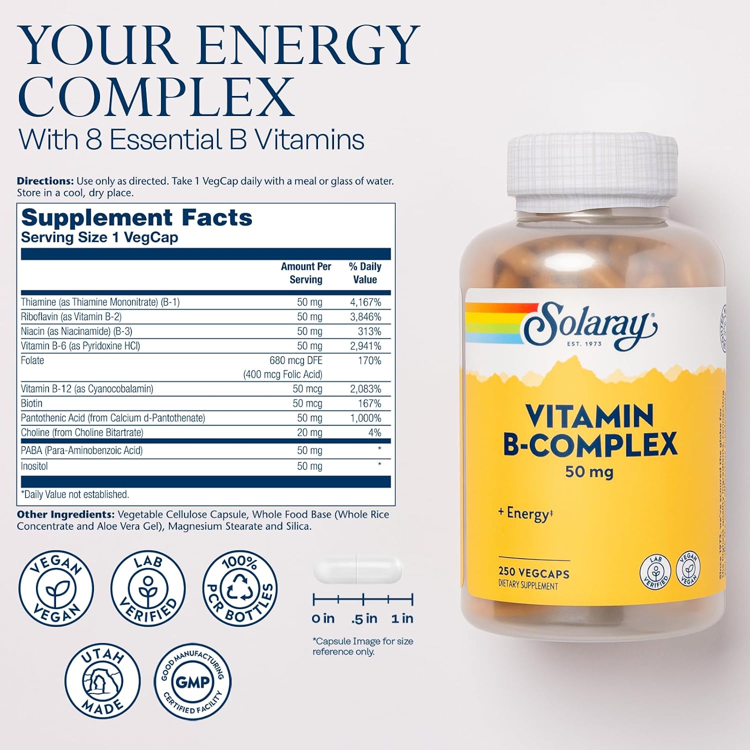 SOLARAY Complejo B 50 mg – 250 Cápsulas Veganas