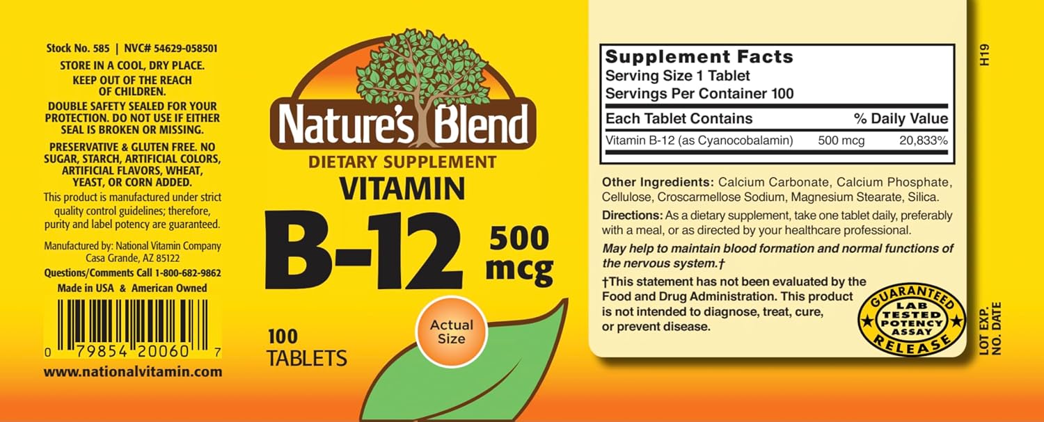 Nature's Blend Vitamina B12 500 mcg, 100 Comprimidos