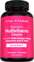 Vital Vitamins Complejo Multivitamínico para Mujeres - Con Mezcla de Multicolágeno, Ácido Hialurónico y MSM - Multivitamínico de Belleza - con Vitamina A, C, E, B6, B12, D3 - 60 Cápsulas