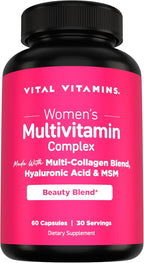 Vital Vitamins Complejo Multivitamínico para Mujeres - Con Mezcla de Multicolágeno, Ácido Hialurónico y MSM - Multivitamínico de Belleza - con Vitamina A, C, E, B6, B12, D3 - 60 Cápsulas