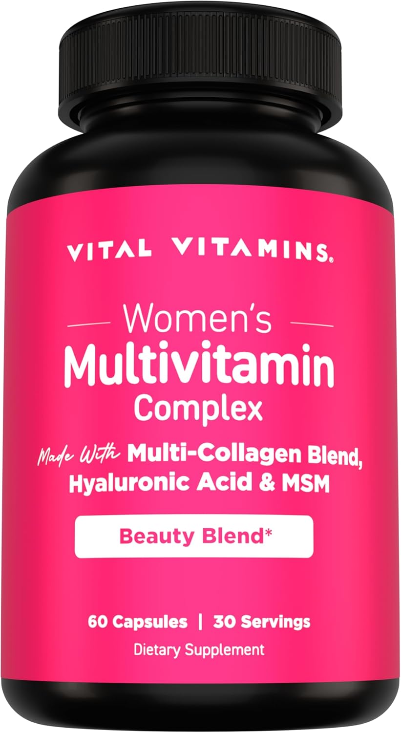 Vital Vitamins Complejo Multivitamínico para Mujeres - Con Mezcla de Multicolágeno, Ácido Hialurónico y MSM - Multivitamínico de Belleza - con Vitamina A, C, E, B6, B12, D3 - 60 Cápsulas