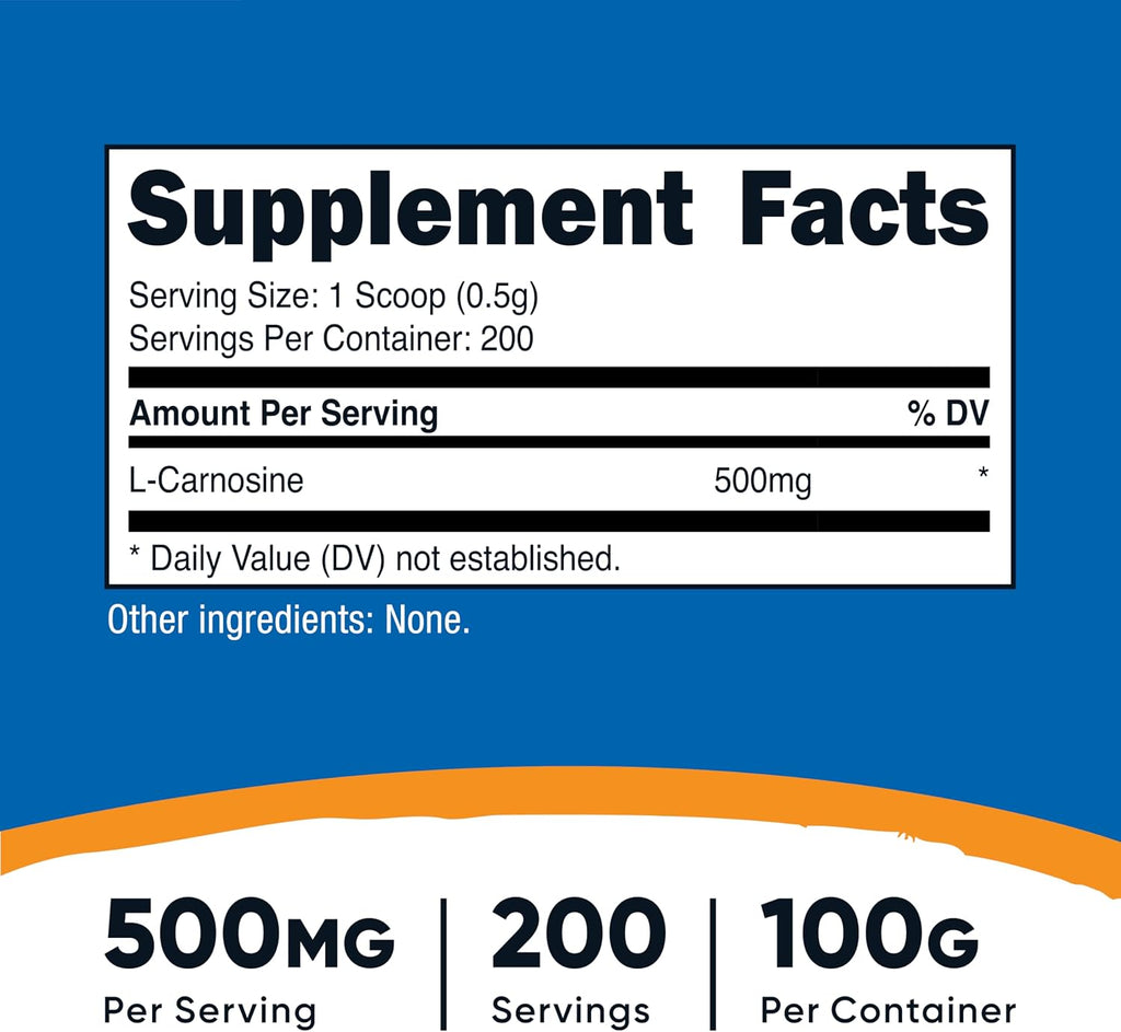 Nutricost L-Carnosine en Polvo 100 Gramos (200 Porciones) - No-GMO