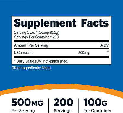 Nutricost L-Carnosine en Polvo 100 Gramos (200 Porciones) - No-GMO – Image 2