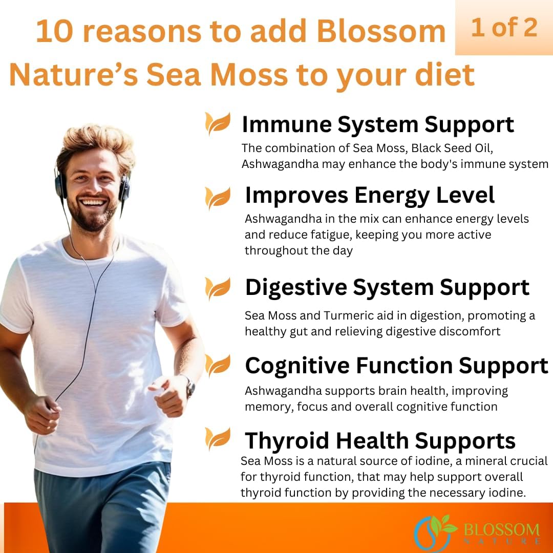 10-en-1 Irish Sea Moss Cápsulas Vegetales 3000mg con Aceite de Semilla Negra, Ashwagandha, Bladderwrack, Bardana, Cúrcuma, Vinagre de Manzana, Miel de Manuka, Diente de León y Pimienta Negra - Fabricado en EE. UU.