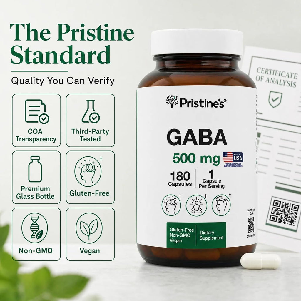 PRISTINE'S GABA 500mg - Apoyo al Sueño y Relajación - 180 Cápsulas
