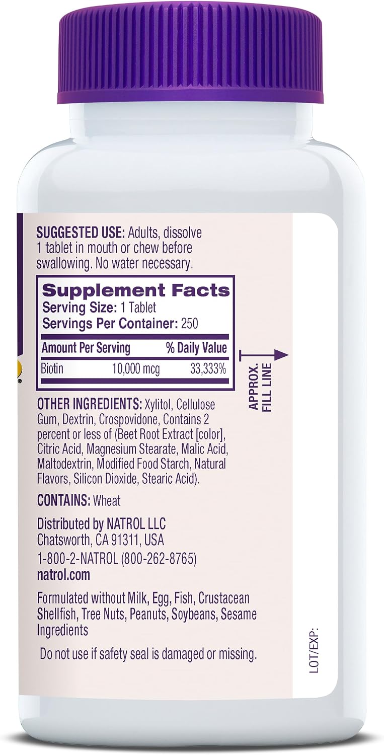Natrol Biotin 10.000 mcg Comprimidos de Disolución Rápida, Sabor Fresa, 250 Unidades