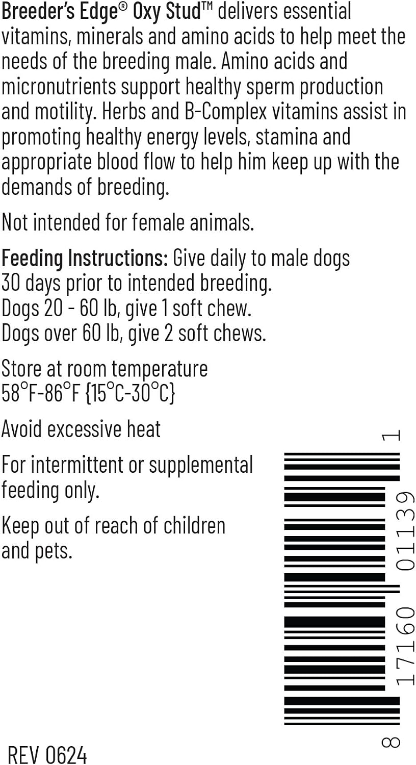 Breeder's Edge Oxy Stud – Suplemento multivitamínico para perros y gatos machos, masticables suaves, 60 unidades para razas medianas y grandes