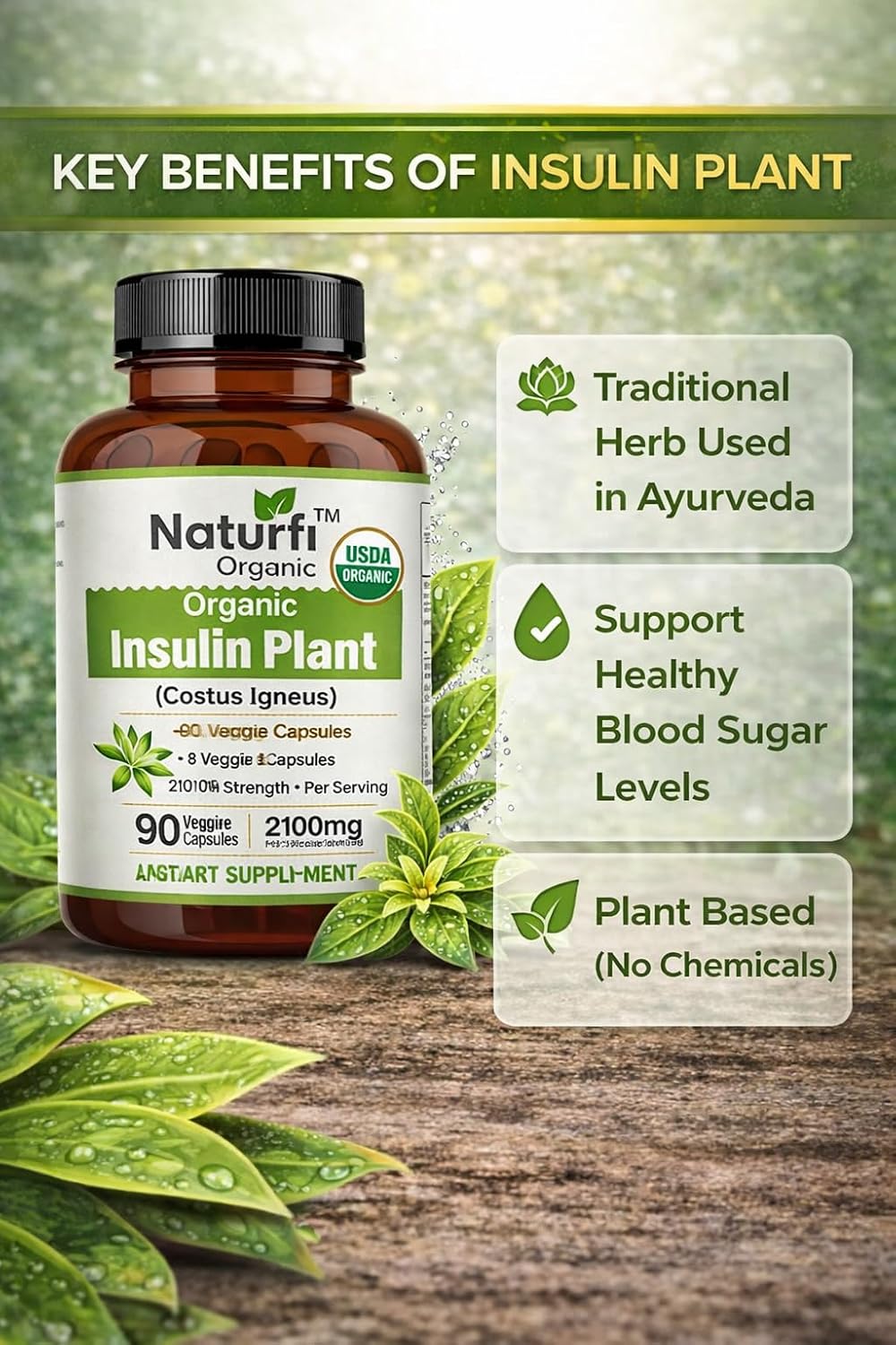 Naturfi Organic Cápsulas de Planta de Insulina (Costus Igneus), USDA Orgánico | Suplemento 100% Natural, 90 Cápsulas Vegetales (1 Mes)