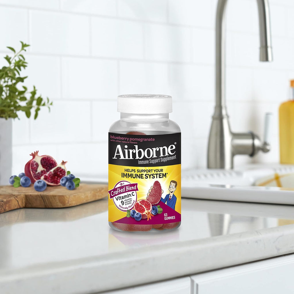 Airborne Gummies de Vitamina C 750 mg para Adultos, Suplemento de Apoyo Inmunológico con Potentes Antioxidantes Vitaminas A, C y E - 63 Gominolas, Sabor Arándano y Granada