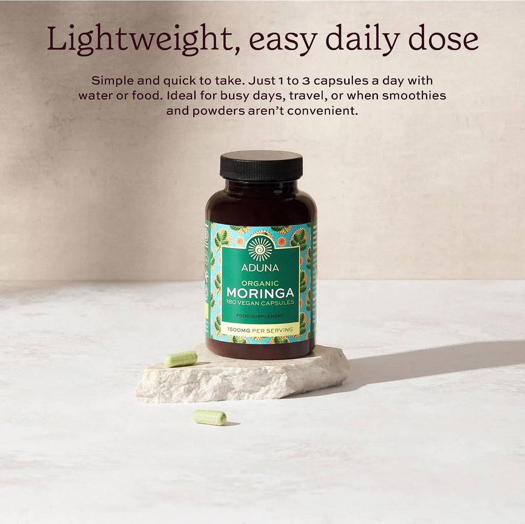 Aduna Organic Moringa Capsules 1500mg | 180 Cápsulas Veganas de Hojas de Moringa Pura