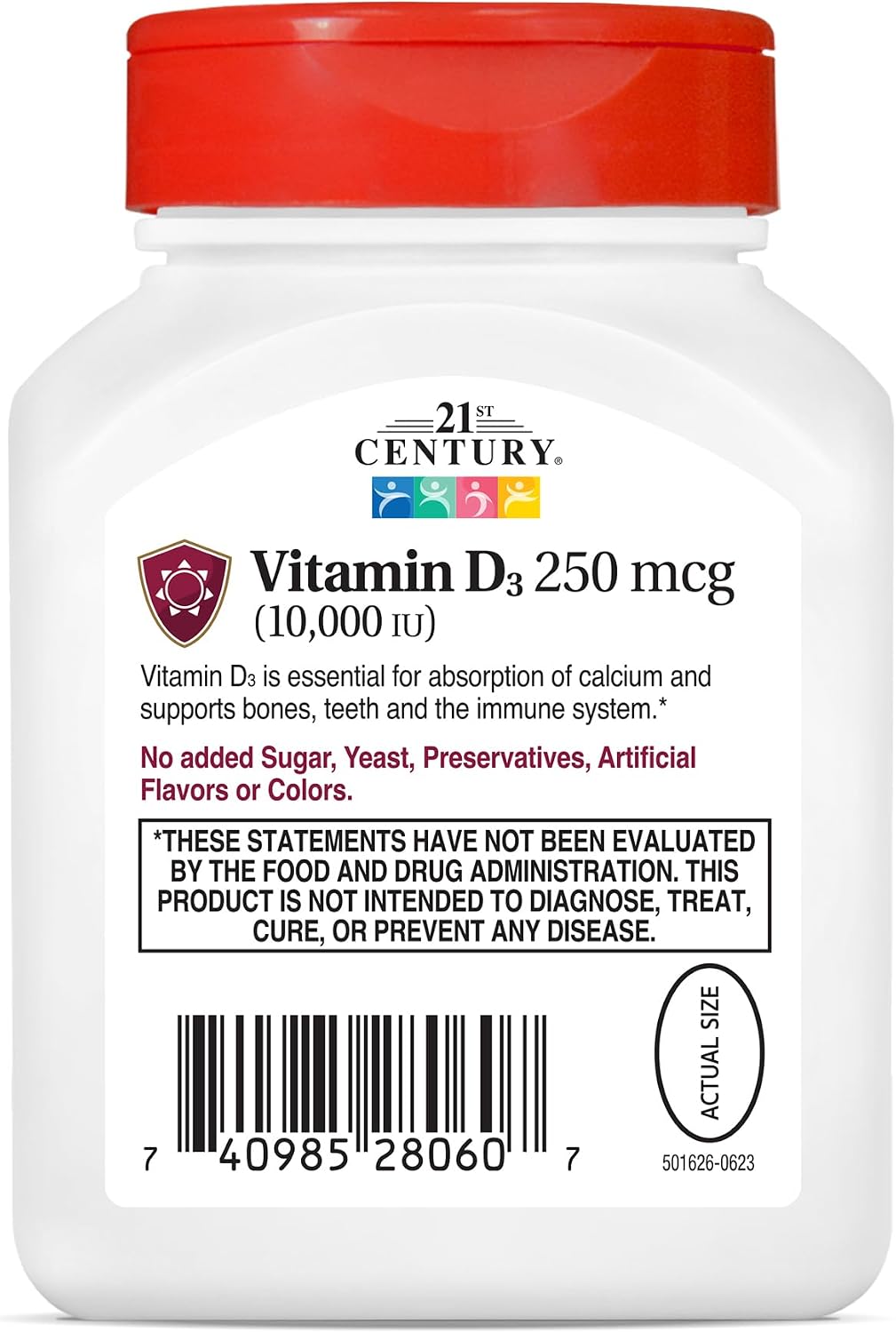 21st Century Vitamina D3 250 mcg (10.000 IU) Cápsulas Blandas de Liberación Rápida, 110 Unidades