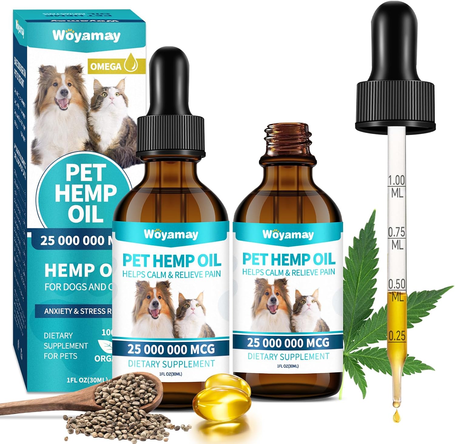 Woyamay Aceite de Cáñamo para Perros y Gatos - Rico en Omega 3, 6, 9 - Extracto Orgánico - Complemento Calmante para Mascotas (1 Pack)