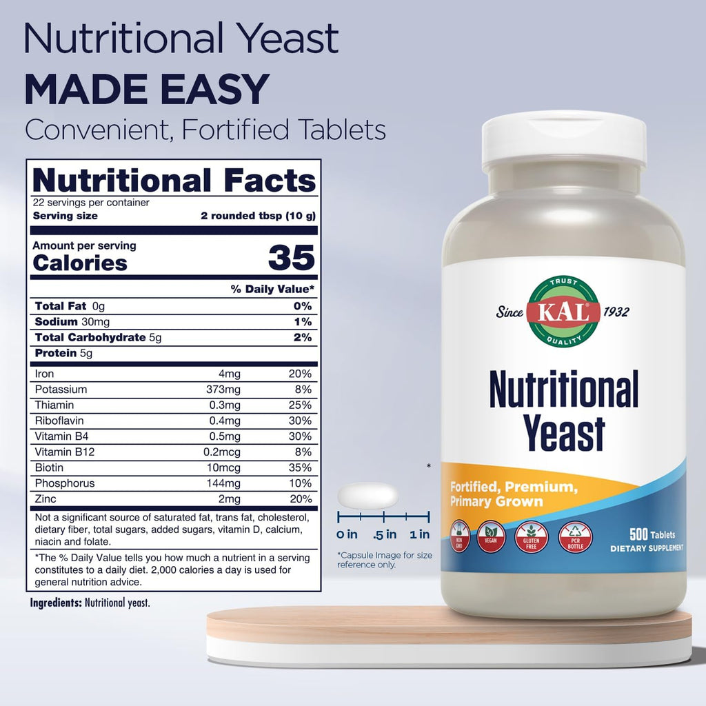 KAL Levadura Nutricional, Enriquecida con Vitaminas B, Biotina, Ácido Fólico, Aminoácidos, 500 Comprimidos