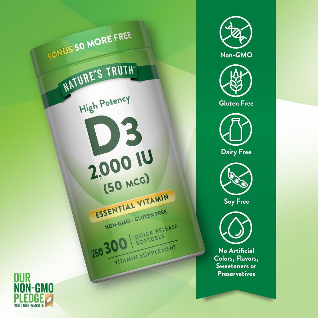 Nature's Truth Vitamina D3 2000 UI | 300 Cápsulas Blandas | Alta Potencia | Sin Gluten y Sin OMG
