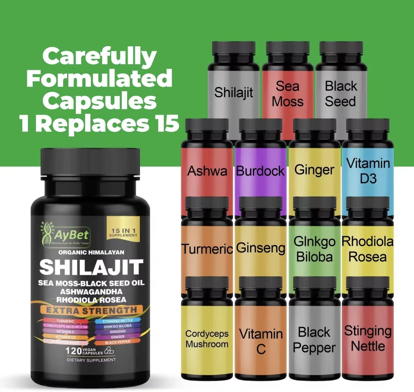 AyBet Shilajit Orgánico Himalayo - 15 Ingredientes - 120 Cápsulas