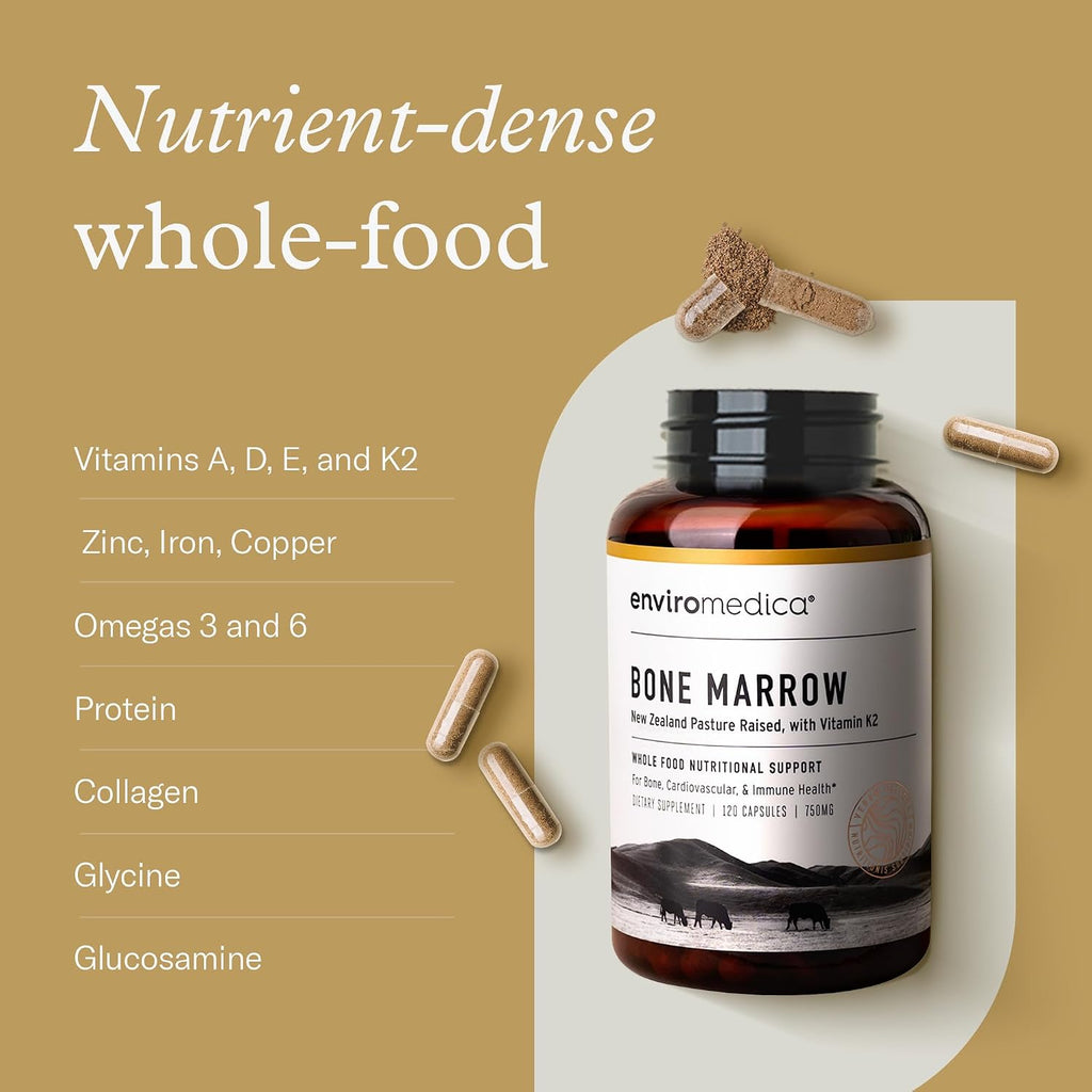 Enviromedica Suplemento de Médula Ósea – Grass-Fed Nueva Zelanda, MCHA, Cartílago Bovino, Colágeno, Vitamina K2 MK7, 120 Cápsulas