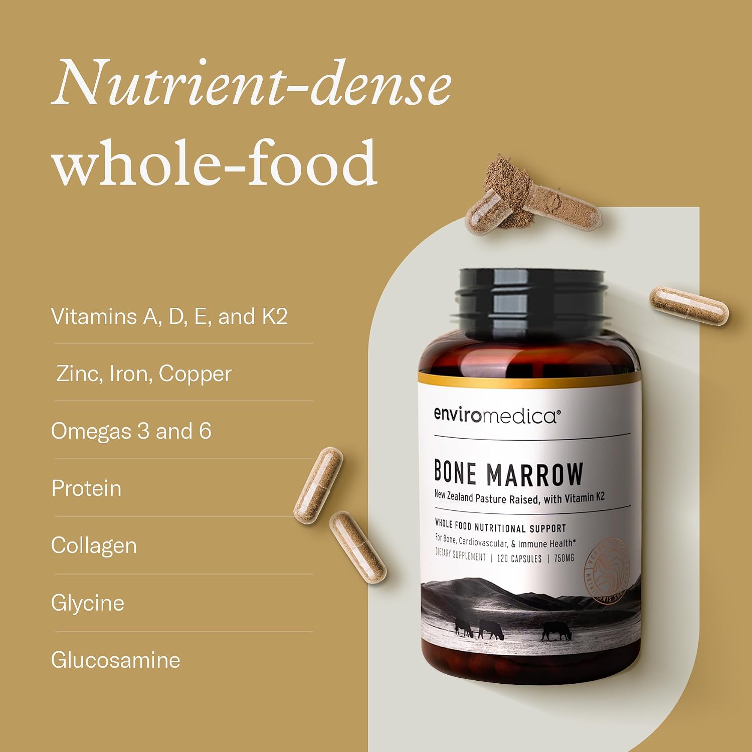 Enviromedica Suplemento de Médula Ósea – Grass-Fed Nueva Zelanda, MCHA, Cartílago Bovino, Colágeno, Vitamina K2 MK7, 120 Cápsulas