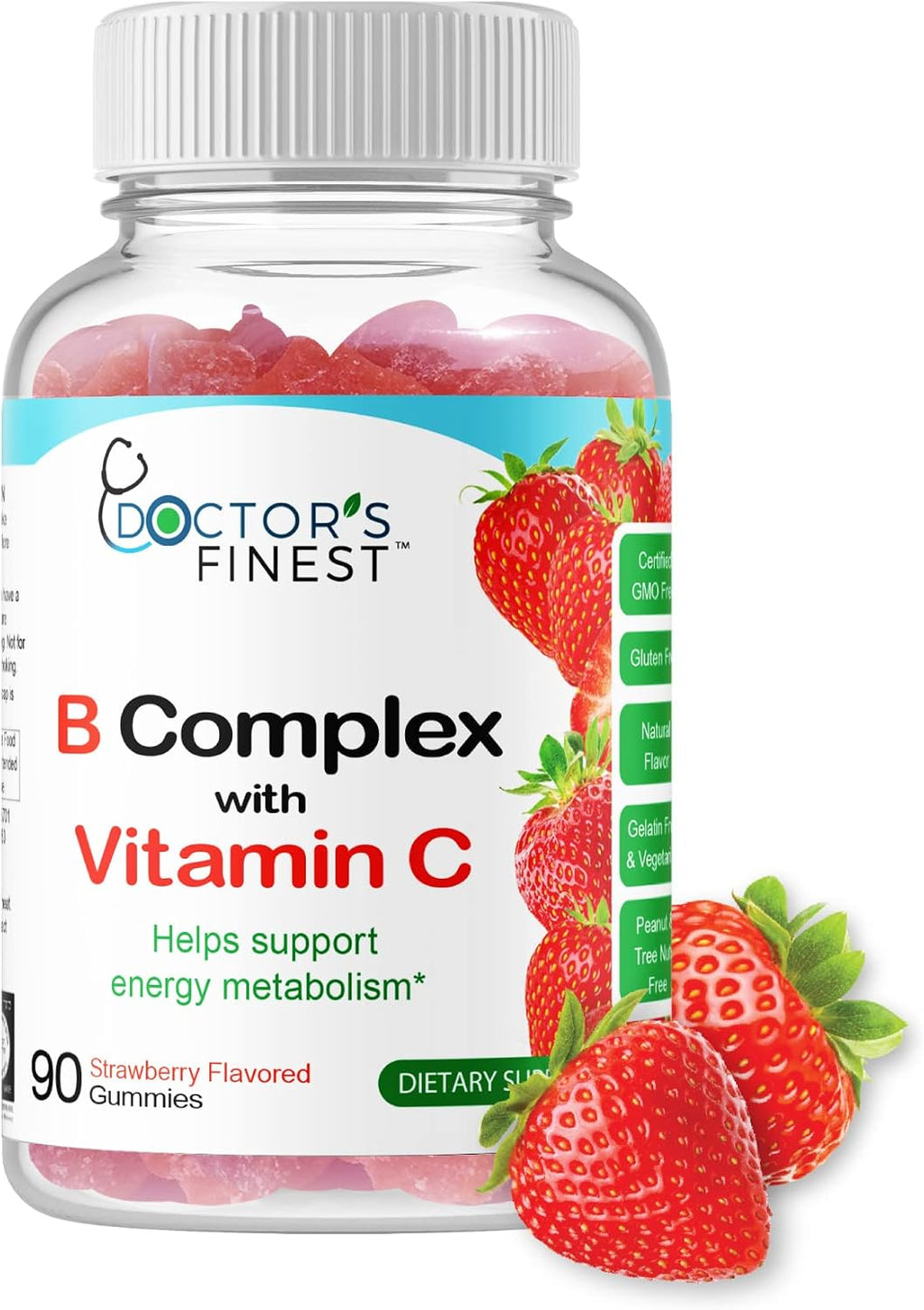Doctors Finest Complejo B Gomitas Veganas - Sabor Fresa Natural - 90 Gomitas