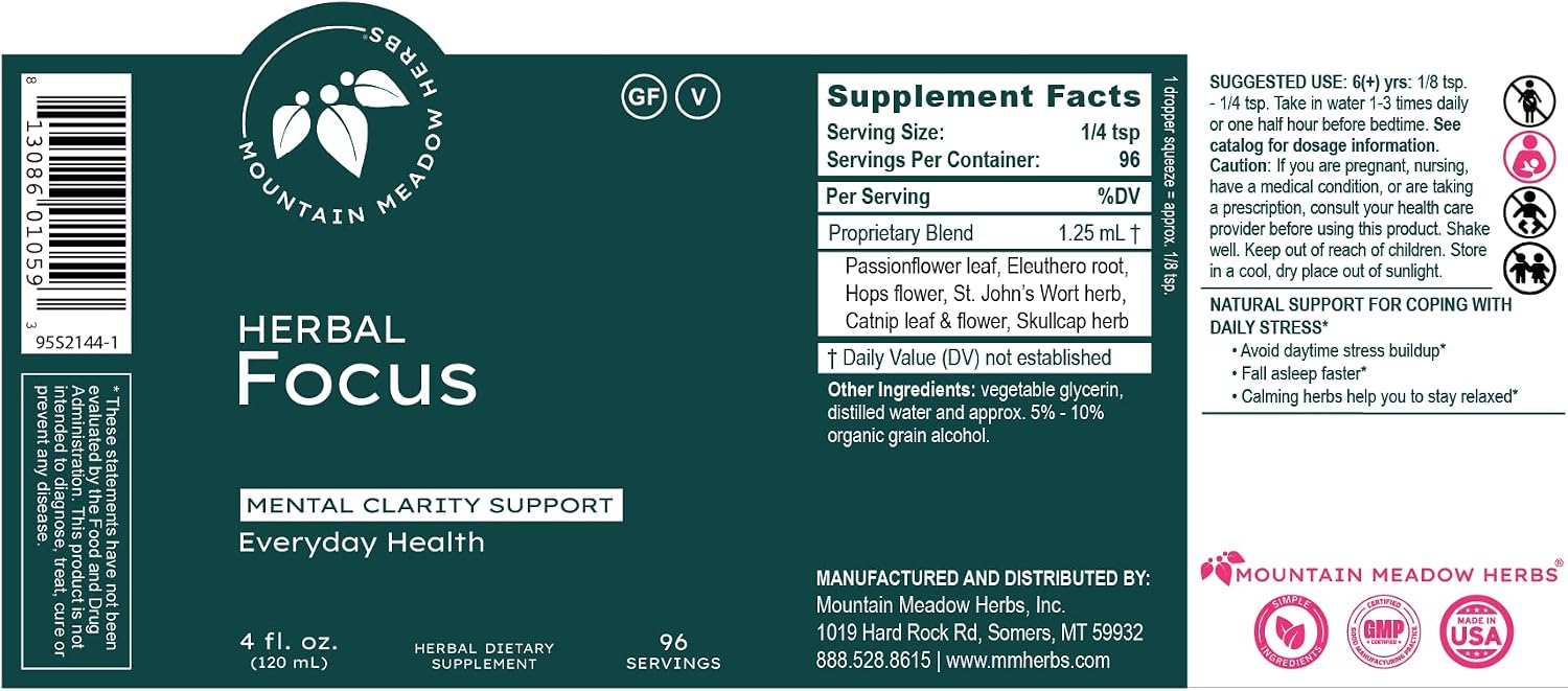 Mountain Meadow Herbs Herbal Focus – Fórmula Herbal Líquida para Claridad Mental y Alerta, 118 ml (4 oz)