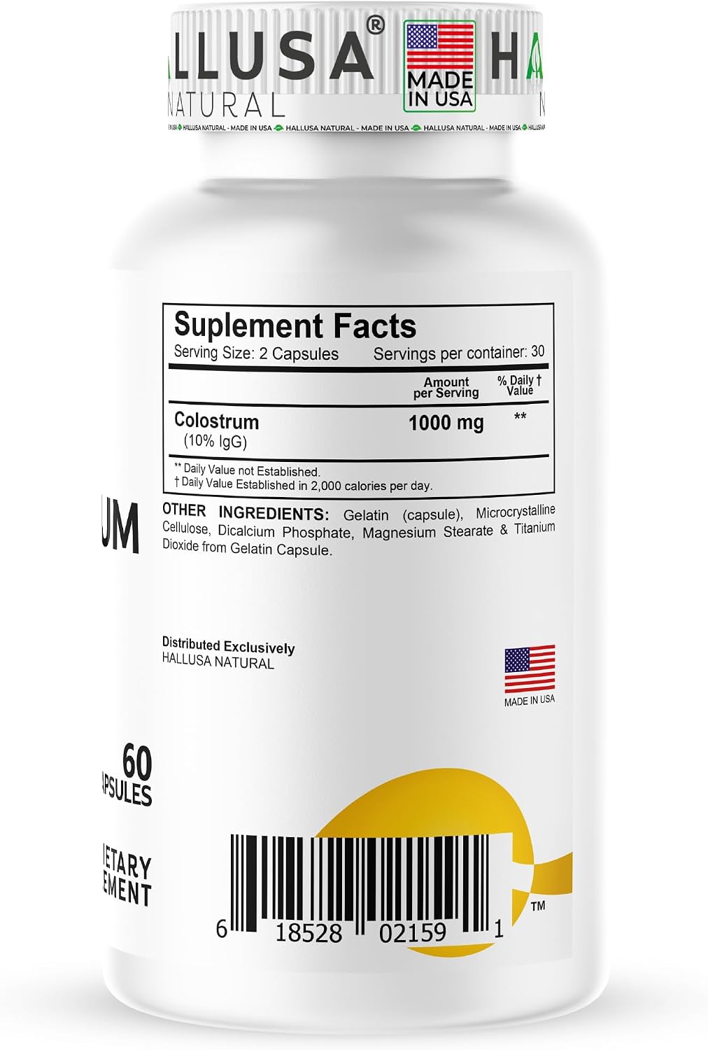 Hallusa Natural Cápsulas de Colostro 1000 mg | Apoyo Inmunológico, Salud Digestiva, Recuperación Muscular, Piel y Cabello, Energía | 60 Cápsulas