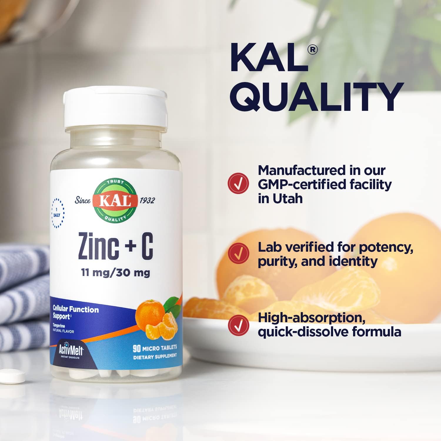KAL Zinc Plus C – Vitamina C y Zinc de disolución instantánea, 90 comprimidos sabor mandarina
