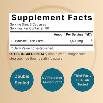 NatureBell L-Tirosina 1500mg - 240 Cápsulas – Libre de alérgenos comunes: sin soja, lácteos, gluten, trigo, – Image 2