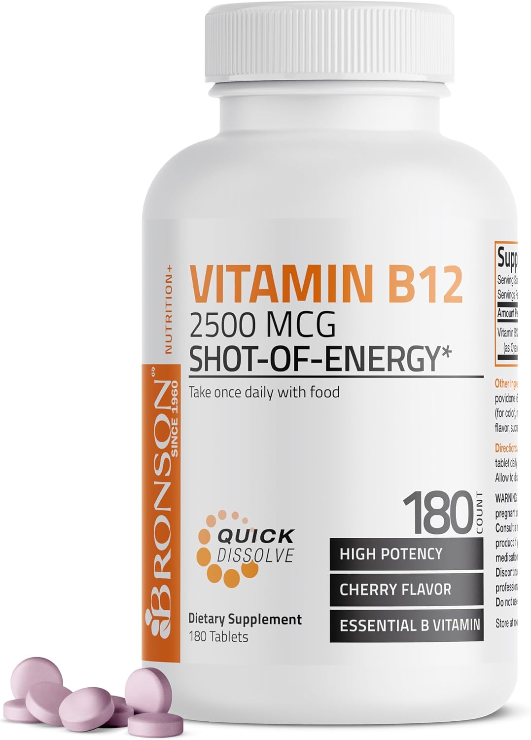 Bronson Vitamina B12 2500mcg, 90 Comprimidos Masticables Sabor Cereza - Sublingual de Rápida Absorción