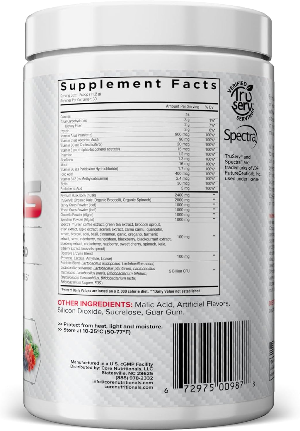 Core Nutritionals Greens - Mezcla de Superalimentos Verdes y Rojos con Probióticos y Enzimas Digestivas - 30 Raciones (Berry Bliss)