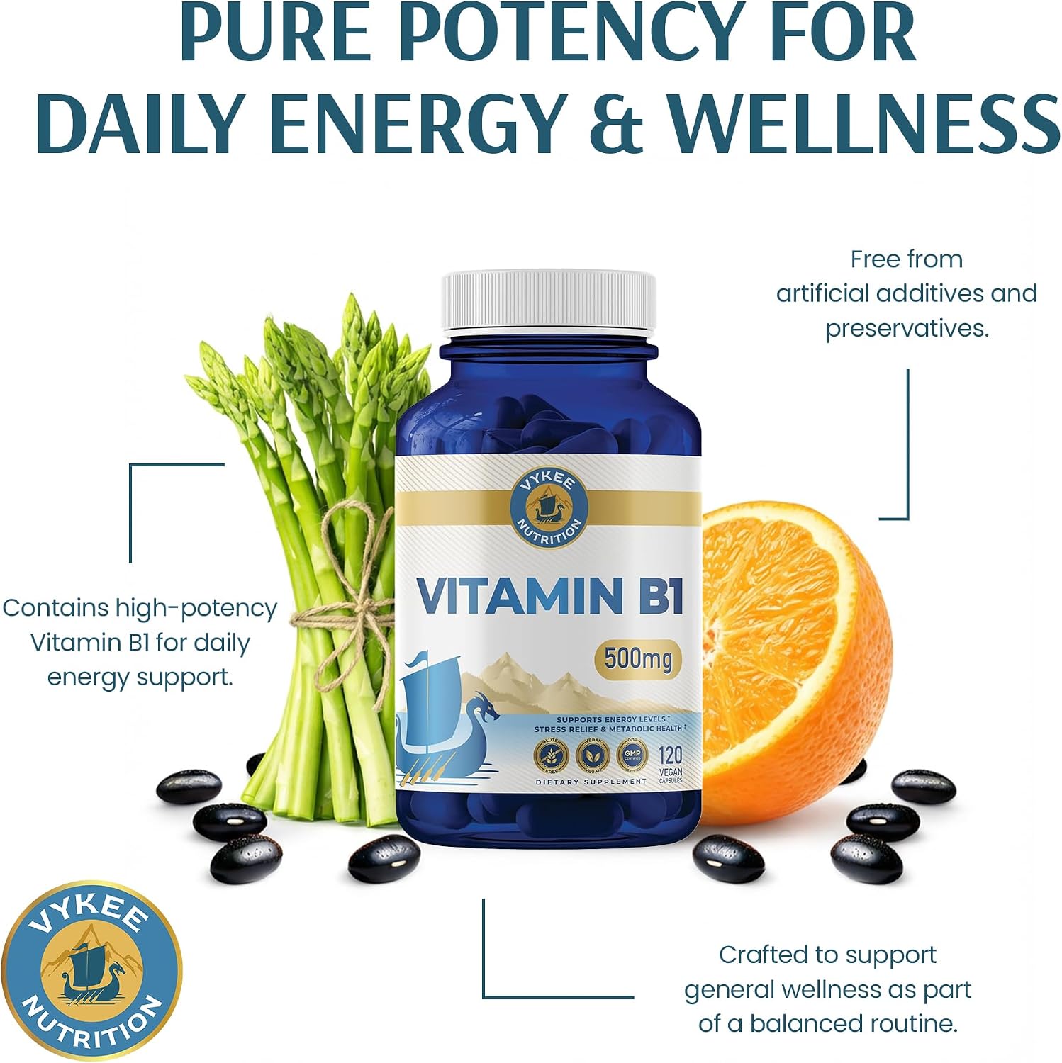 Vykee Nutrition Vitamina B1 (Tiamina) Cápsulas – 500 mg, 120 unidades