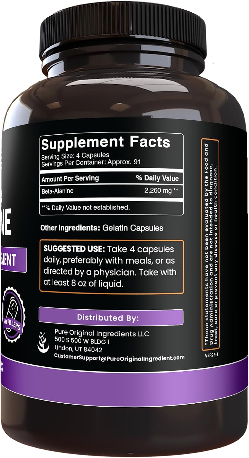 Pure Original Ingredients Beta Alanina, 365 Cápsulas - Siempre Puro, Sin Aditivos ni Rellenos, Verificado en Laboratorio