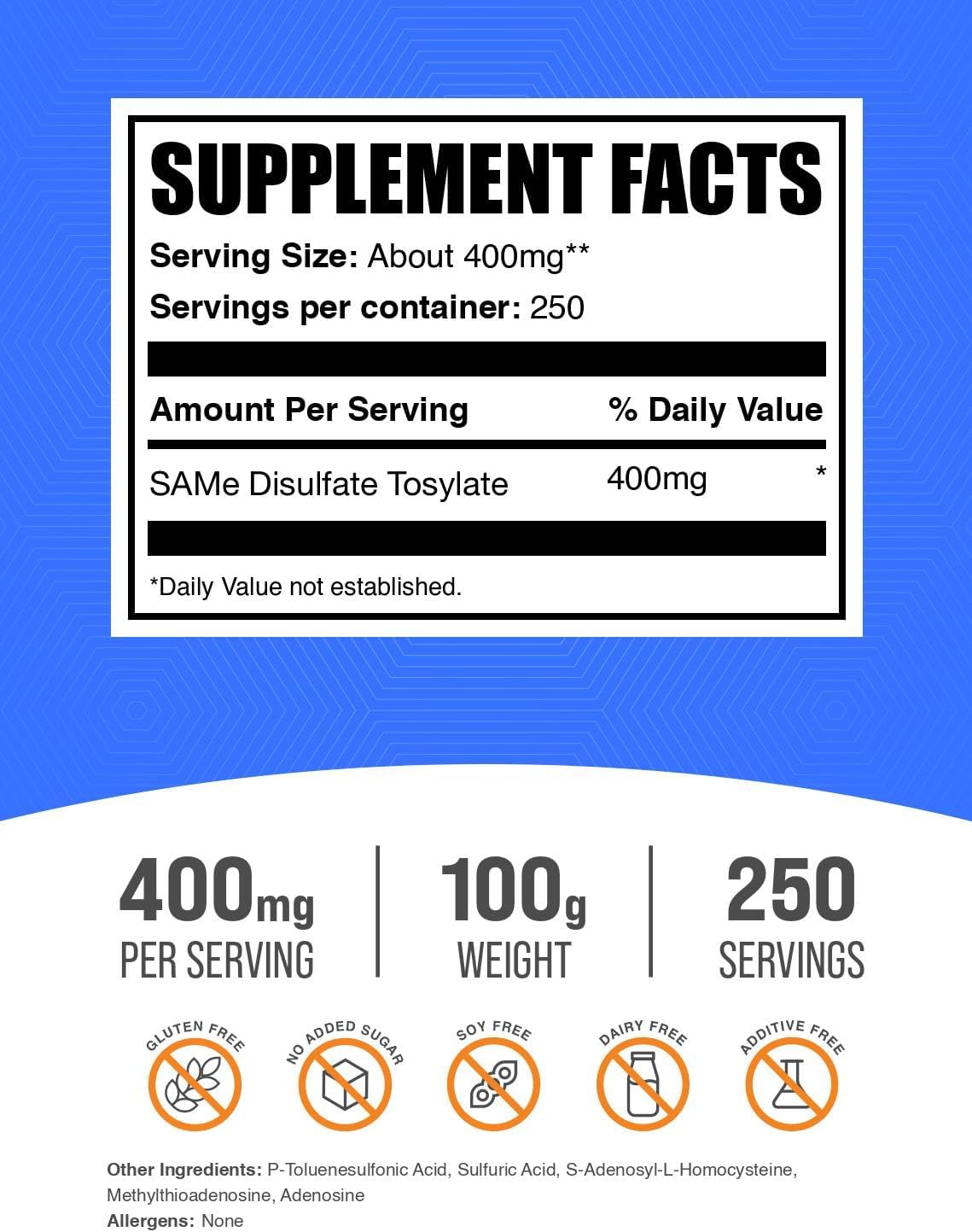 BulkSupplements.com Polvo de SAM-e - Suplemento de S-Adenosil-L-Metionina - 400mg por Ración, 100g (3.5 oz)