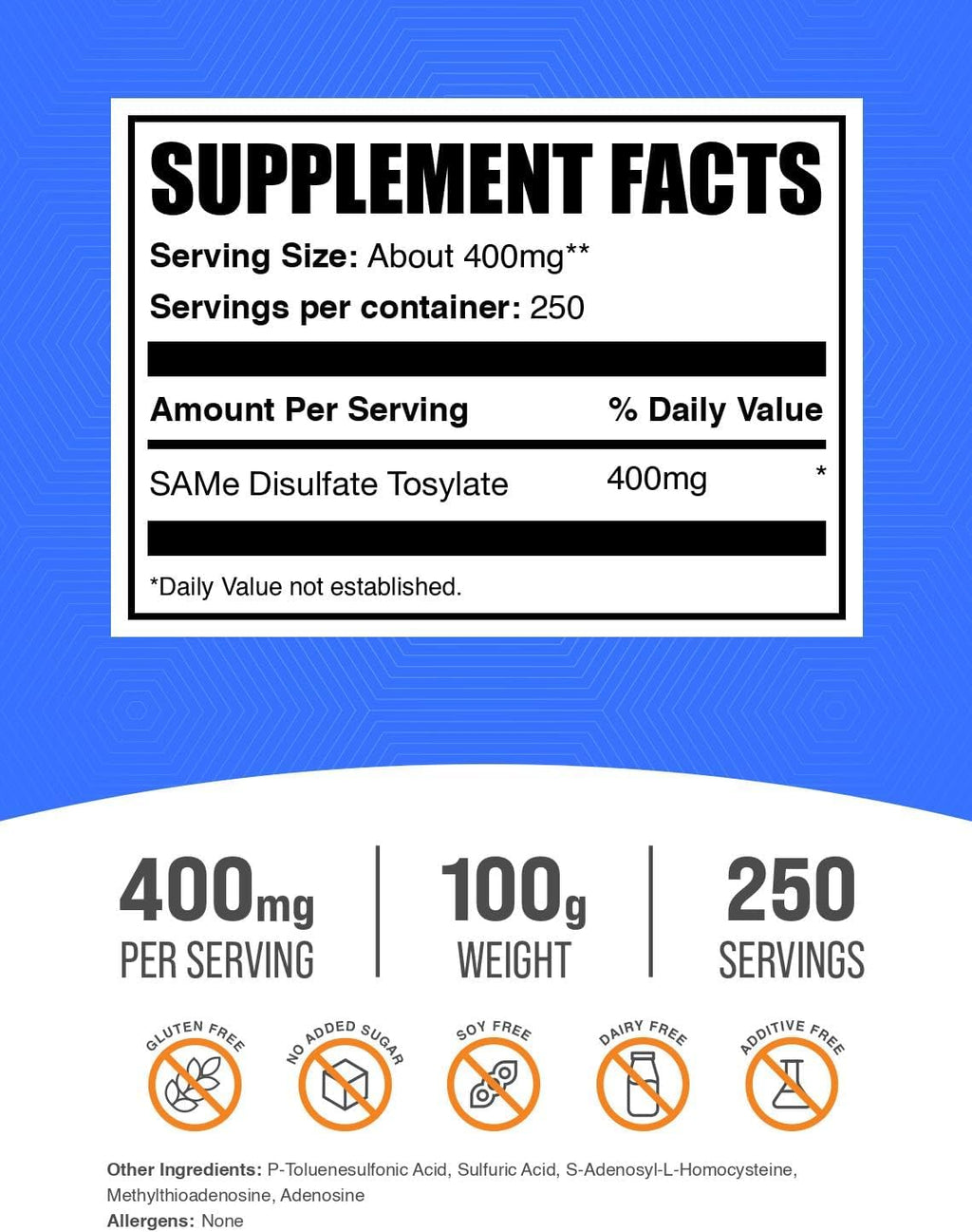 BulkSupplements.com SAM-e en Polvo - S-Adenosil-L-Metionina 400mg por Ración, 100g