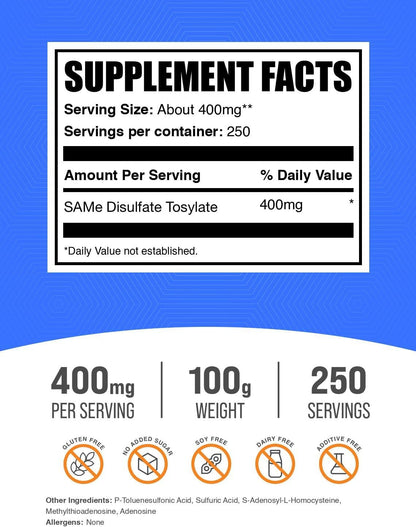 BulkSupplements.com SAM-e en Polvo - S-Adenosil-L-Metionina 400mg por Ración, 100g – Image 2