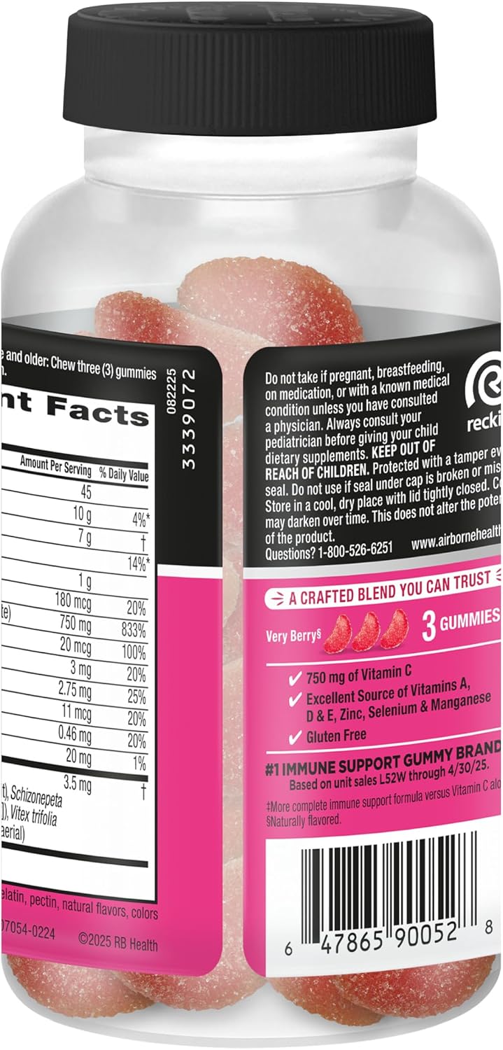 Airborne 750mg Vitamina C Gomitas para Adultos - Apoyo Inmunitario con Antioxidantes y Selenio - 42 Gomitas Sabor Bayas