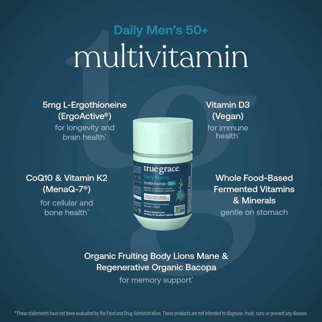 True Grace Multivitamínico Diario para Hombres 50+ – 60 Comprimidos – Apoyo Inmunológico, Energía, Longevidad y Memoria – Sin Gluten, Sin Soja, Vegano