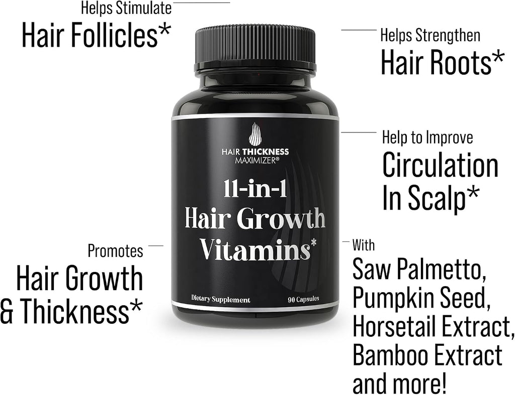 Hair Thickness Maximizer - Vitaminas Veganas 11 en 1 para Cabello, con 5000mcg de Biotina, Zinc y Semilla de Calabaza