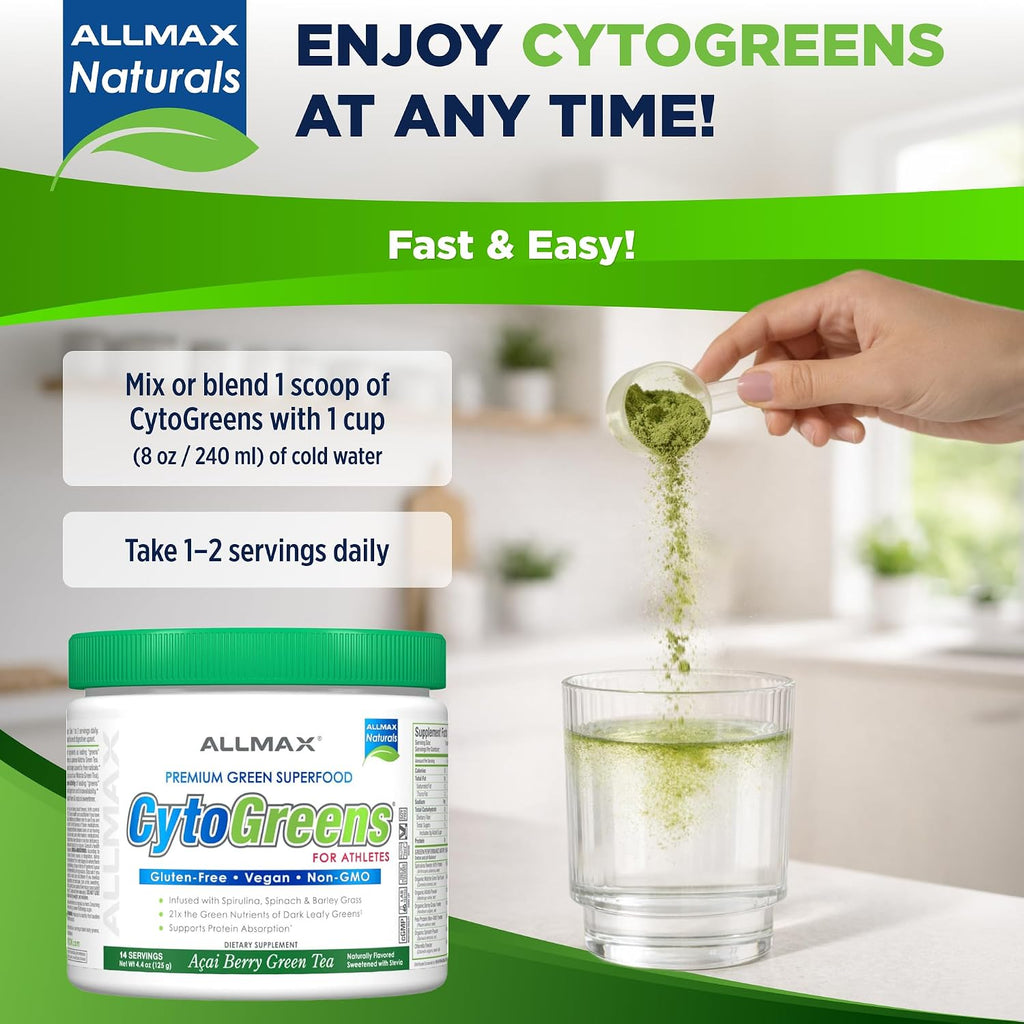 ALLMAX CytoGreens Super Greens Powder, Acai Berry Green Tea, 14 Servicios