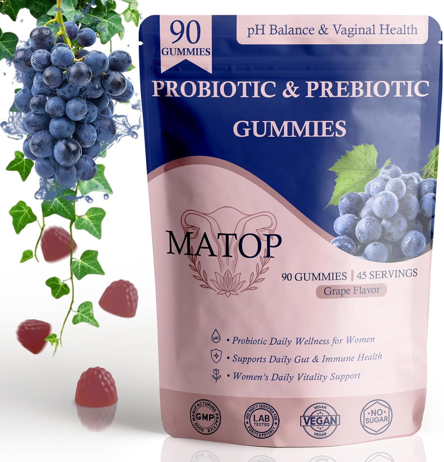 MATOP Probiótico para Mujeres Gomitas de Piña - Salud Digestiva y Equilibrio Femenino, Vegano Sin Azúcar, 60 Unidades