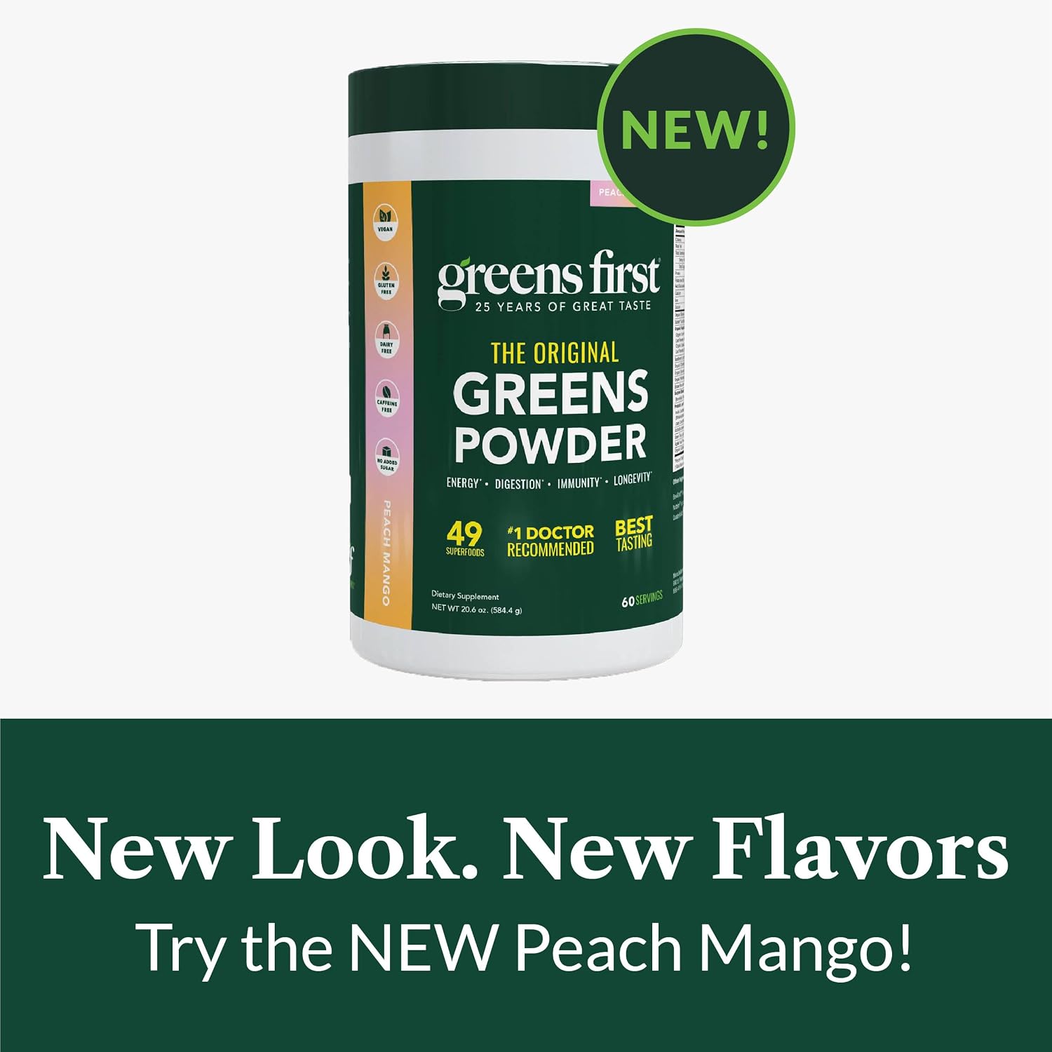 Greens First Original Greens Powder - 49 Superalimentos - Frutas y Verduras Orgánicas - Prebióticos, Probióticos y Enzimas Digestivas - Batido Antioxidante - Sin Lácteos/Vegano/No OGM (Melocotón Mango, 60 Raciones)