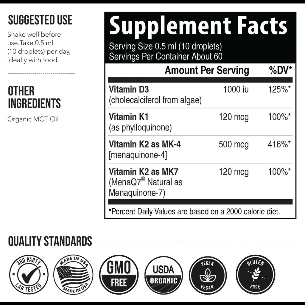 Total K2® - Vitamina K2 MK7 + MK4 + K1 + D3 - 620 mcg - Vegano Orgánico (Líquido 30 ml)