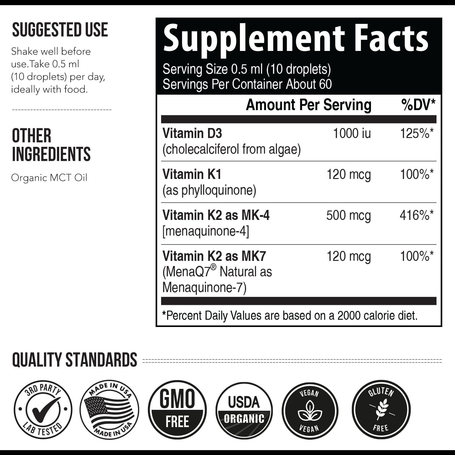 Total K2® - Vitamina K2 MK7 + MK4 + K1 + D3 - 620 mcg - Vegano Orgánico (Líquido 30 ml)