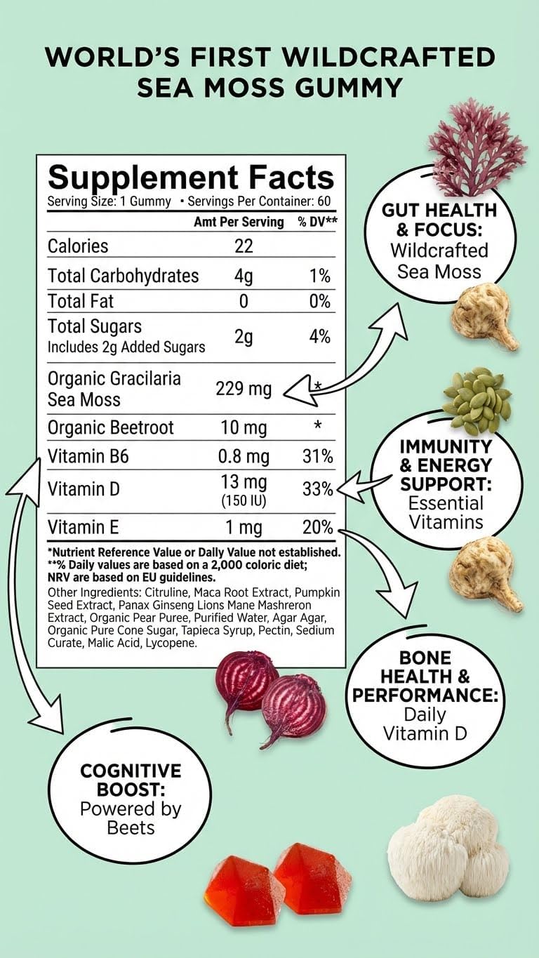 BDE Wildcrafted Sea Moss Gummy con Maca Root, Beets, Lion's Mane, Vitamina D+E - 60 Gominolas