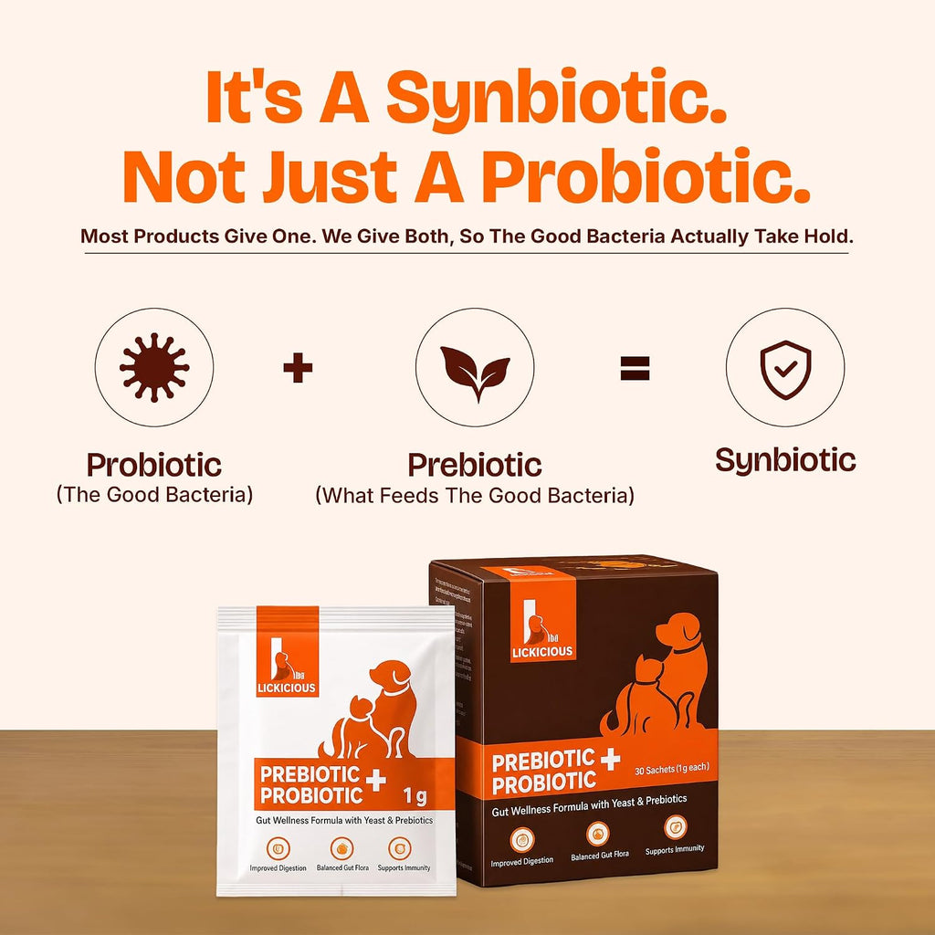 LICKICIOUS Probióticos para Perros y Gatos – Polvo Sinbiótico, 20 Sobres, 9.2B UFC, 12 Cepas con Prebióticos y Enzimas