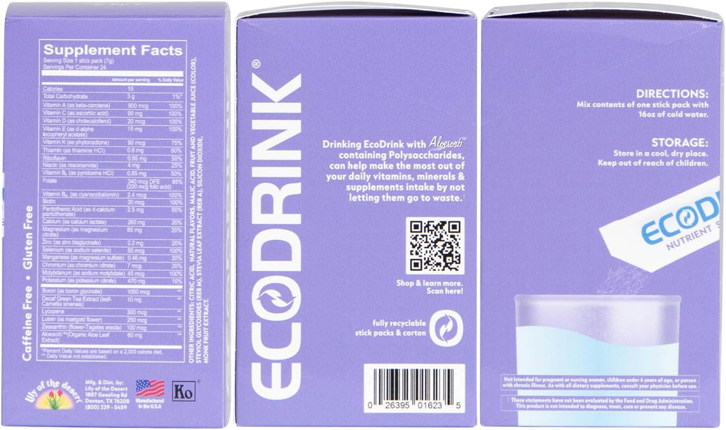 EcoDrink Mezcla de Multivitaminas y Electrolitos con Aloe - 3 Sabores, 24 Sobres