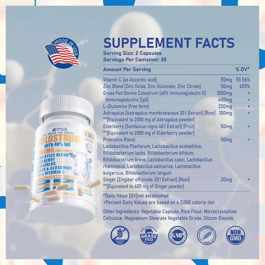 Vyxion 8-en-1 Colostro Bovino 1000mg con 40% IgG y Probióticos - 60 Cápsulas