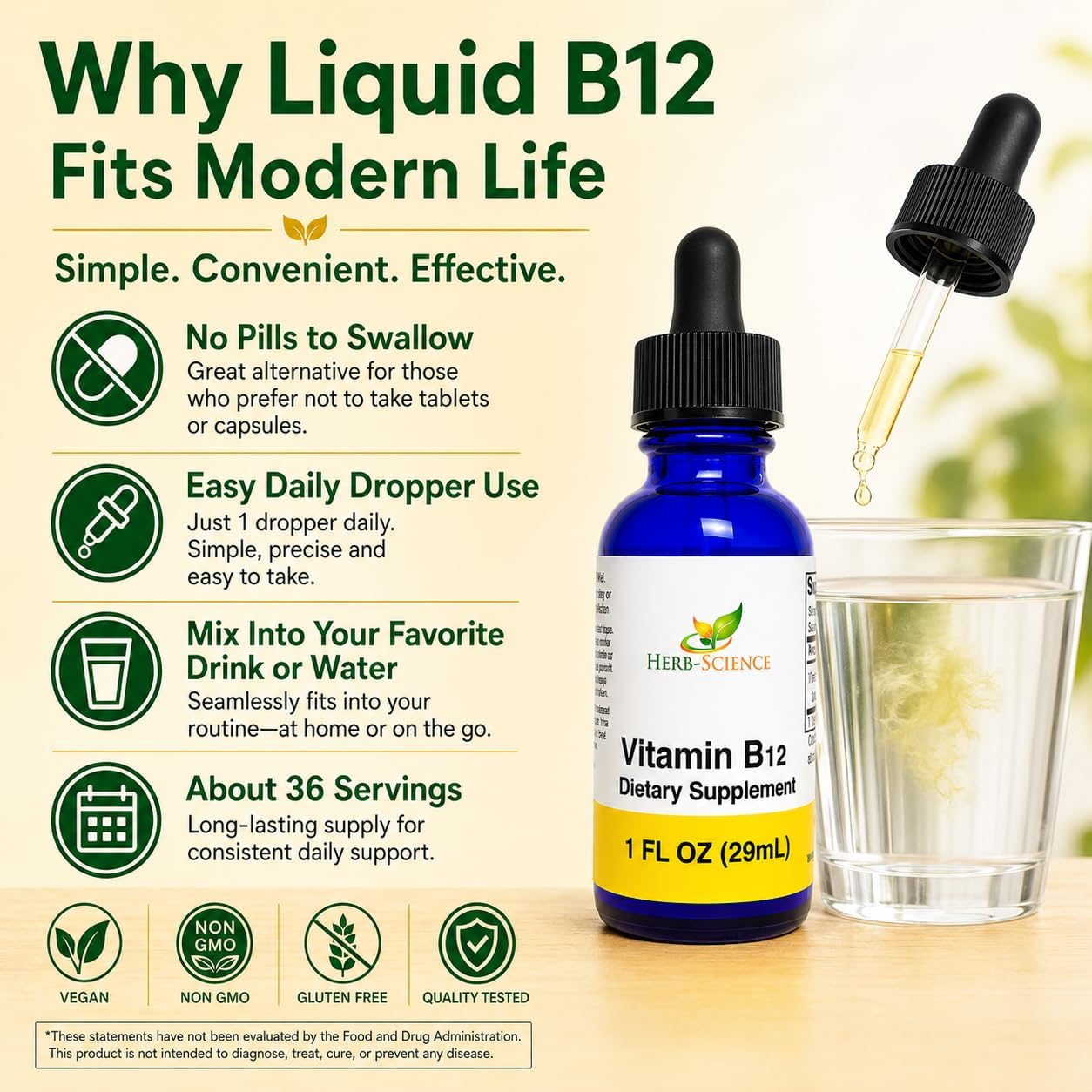 Herb-Science Vitamina B12 Líquida – Gotas Sublinguales de Cianocobalamina, Vegano, Sin Alcohol, 30 ml