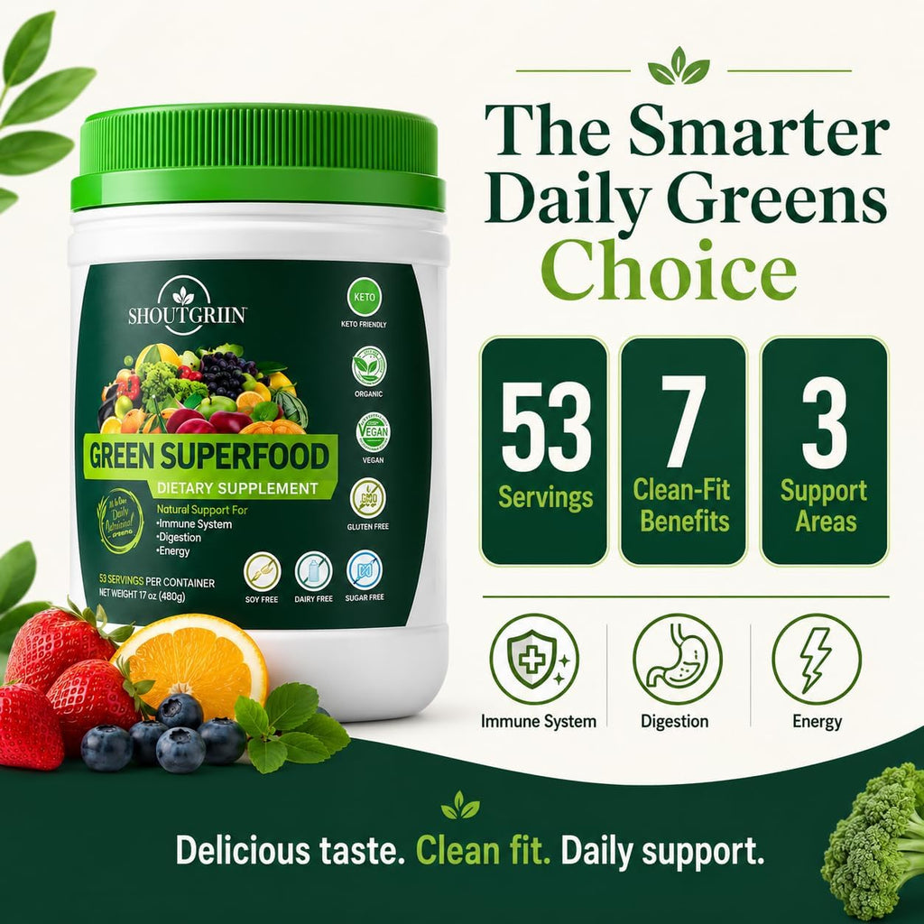 SHOUTGRIIN Green Superfood Powder – Super Greens Orgánicos con Probióticos y Enzimas