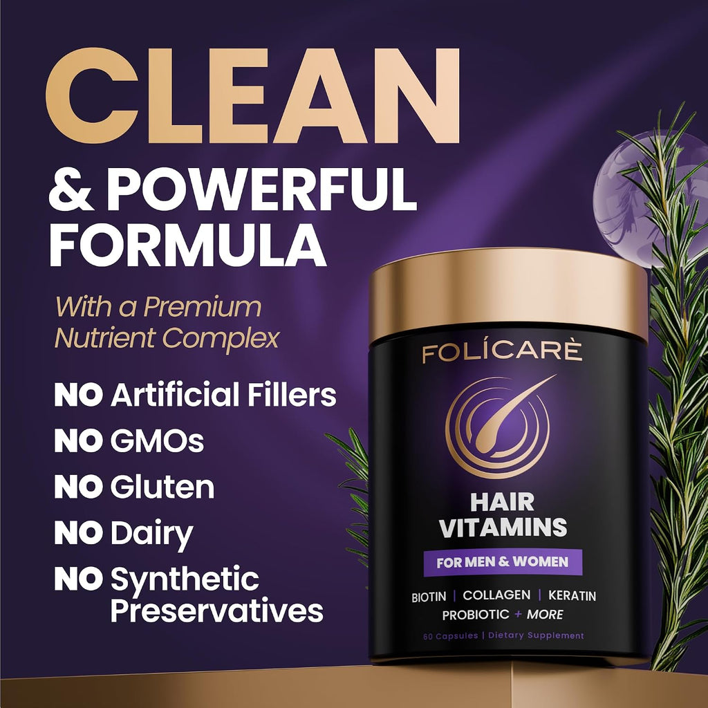 FOLICARE Biotina con Colágeno, Queratina y Probióticos – Suplemento para Cabello, Piel y Uñas
