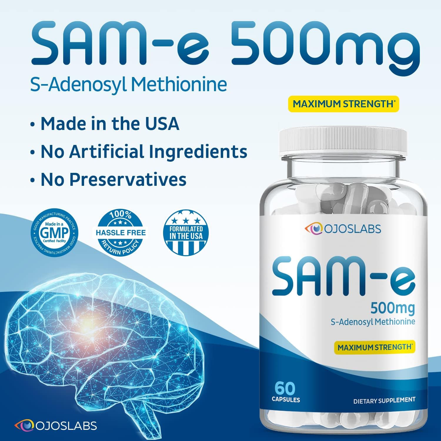 Sam e 500mg Complemento de Metionina para Hígado, Articulaciones, Cerebro y Estado de Ánimo, Alta Absorción SAM-e (S Adenosil Metionina), Vegano, Sin Gluten, No-GMO - Fabricado en EE.UU., 60 Cápsulas (Paquete de 2)