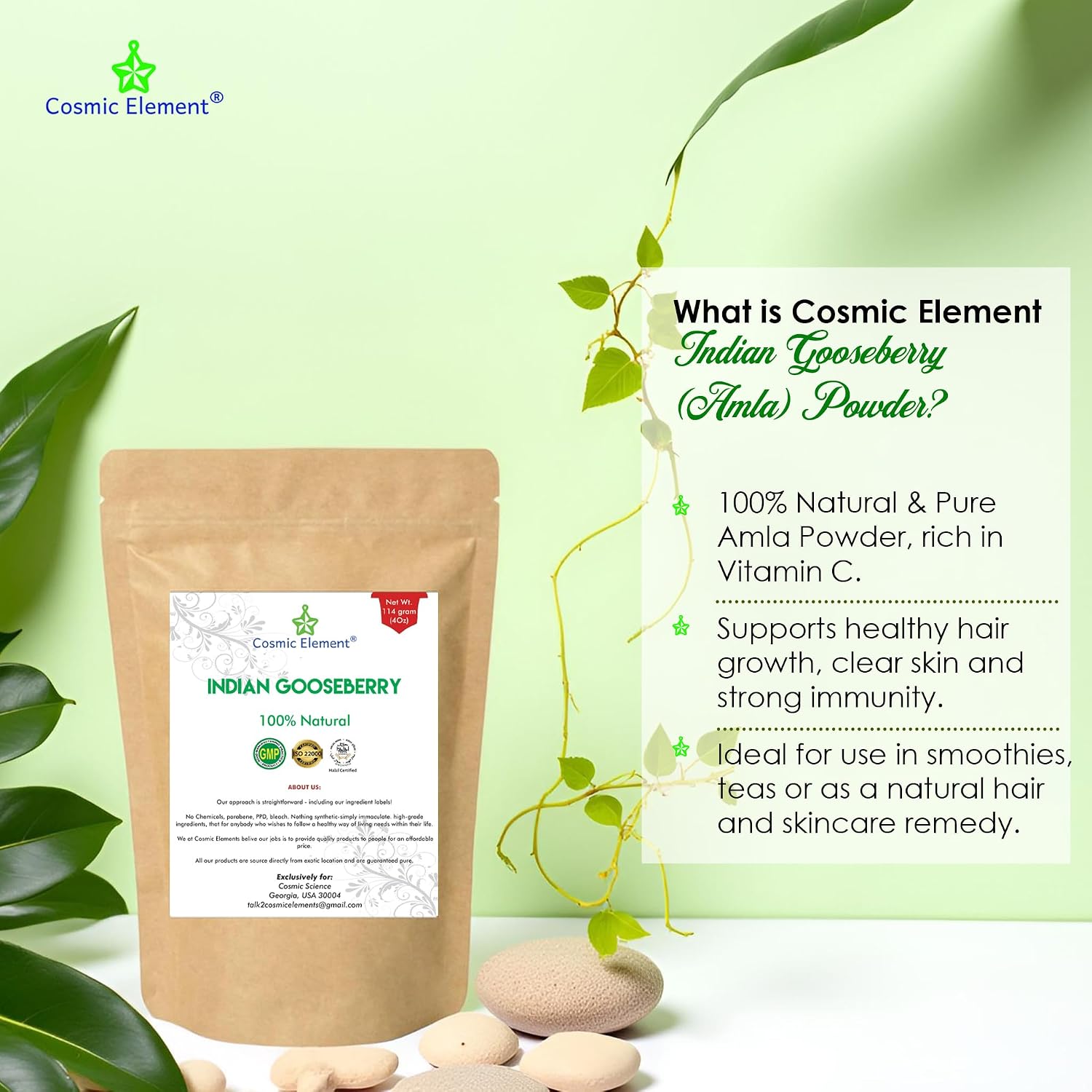 Cosmic Element 100% Pure Organic Amla Powder for Hair Growth – Rich in Vitamin C, Amalaki Powder for Skin Health & Eating – USDA Organic, Unrefined – 4 oz